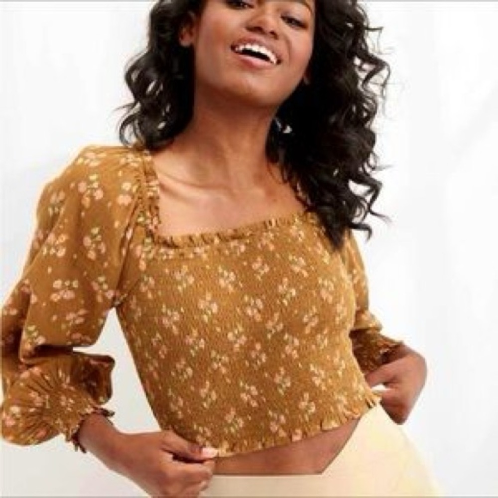 Aerie smocked bodice floral Crop Blouse XS cottage core‎ NWT Boho puff fairy